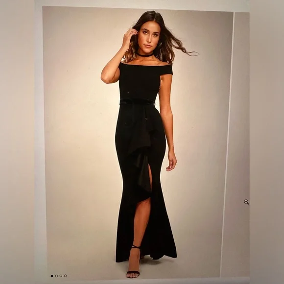 lulus black off the shoulder dress Black Off-the-Shoulder Long Sleeve Maxi Dress | Womens | X-Small (Available in M, L) | 100% Polyester | Lulus | Holiday Dresses